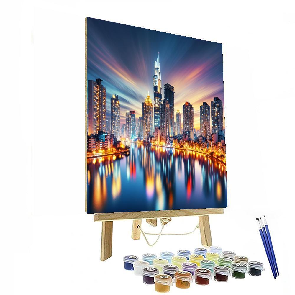 Bustling Cityscape Reflection Painting Number Kit