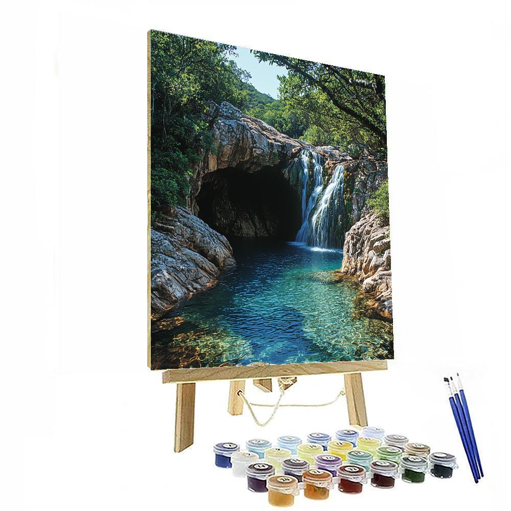 Hidden Cliff Swimming Hole With Cascading Waterfalls Painting by numbers kit