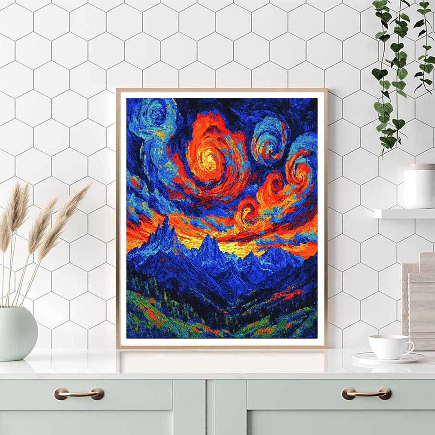 Van Gogh Inspired Starry Sunset Over Mountains Numbered painting kits