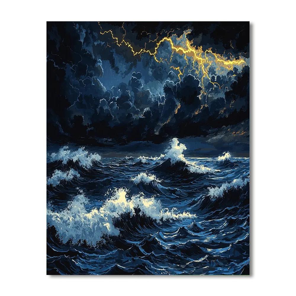 Hokusai Inspired Thunderstorm Over Ocean Waves Numbered painting kits
