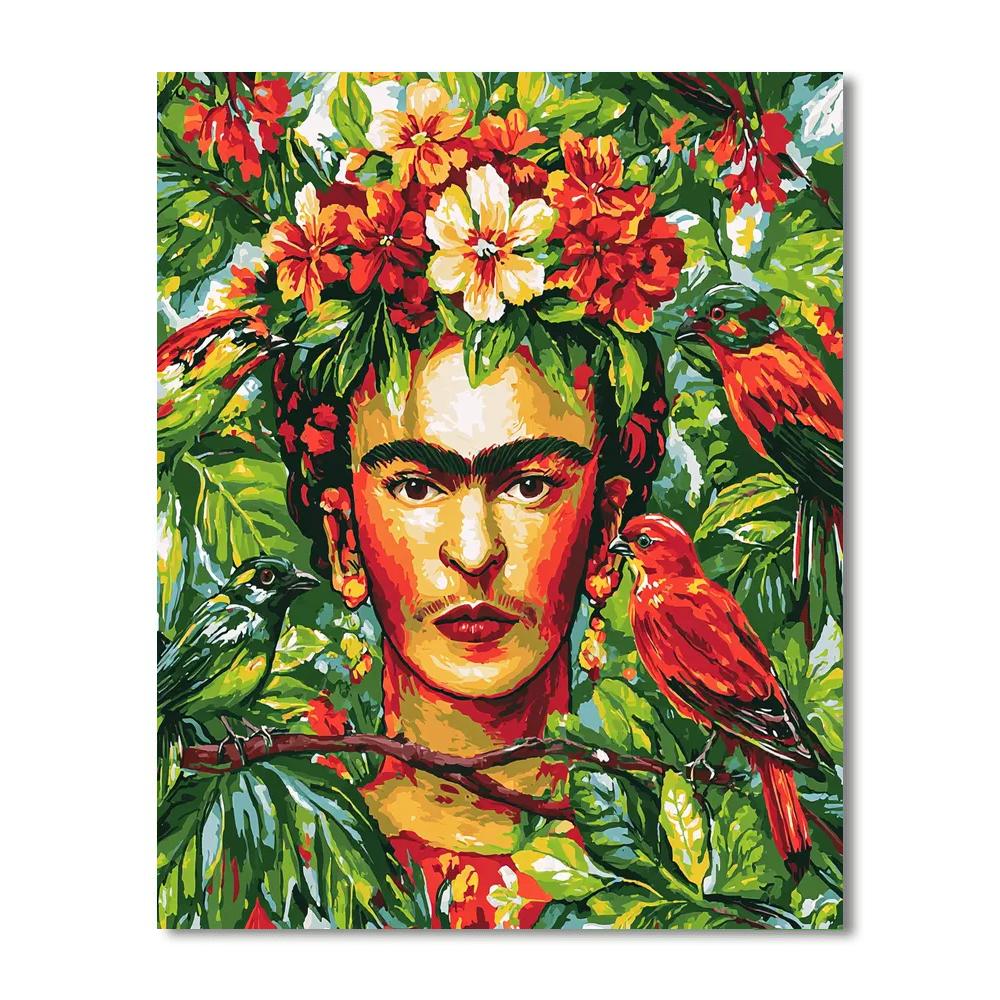 Frida Kahlo Inspired Emotional Self Portrait With Tropical Animals paint by color