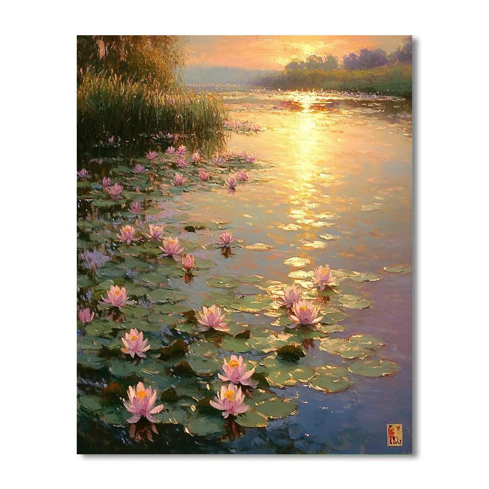 Monet Inspired Water Lilies At Sunset Number painting