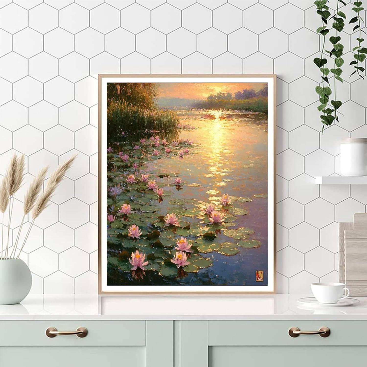 Monet Inspired Water Lilies At Sunset Number painting