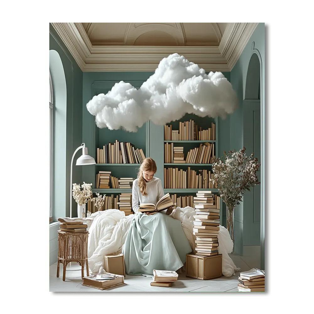 Magritte Inspired Cloudy Library DIY paint by numbers