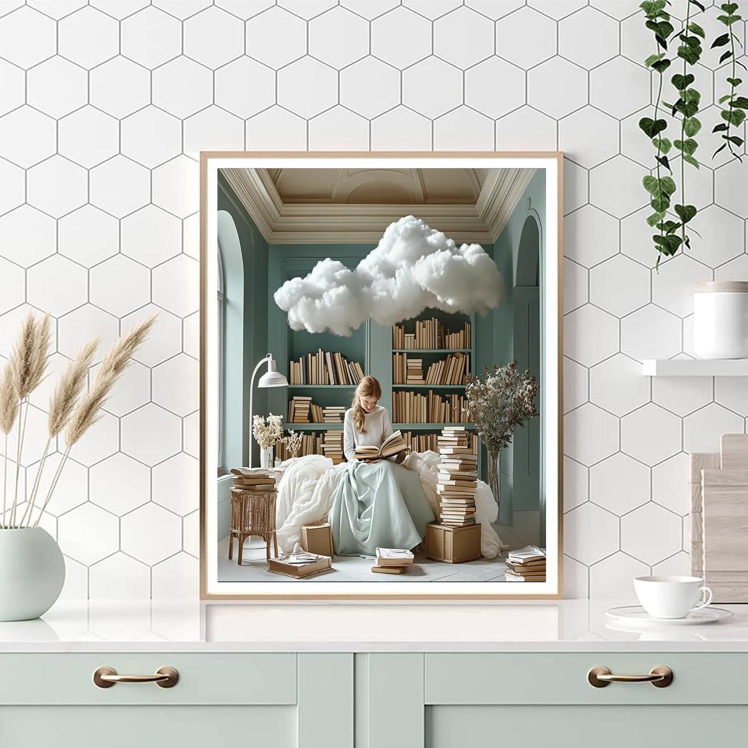 Magritte Inspired Cloudy Library DIY paint by numbers