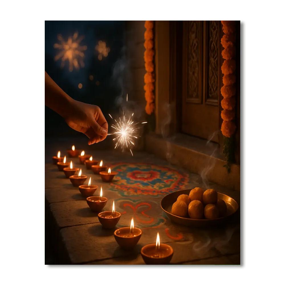 Diwali Diyas On An Old Doorstep paint by color