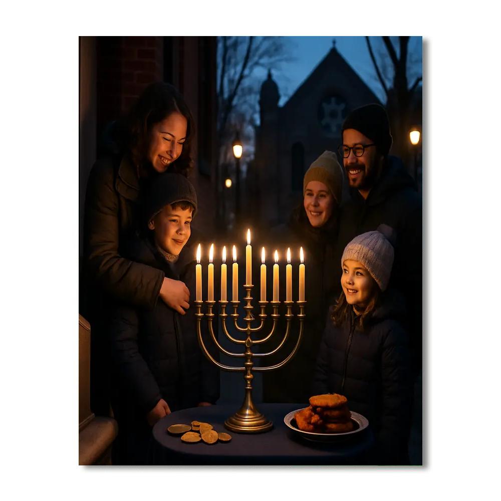 Hanukkah Menorah Lighting On Street Numbered painting kits