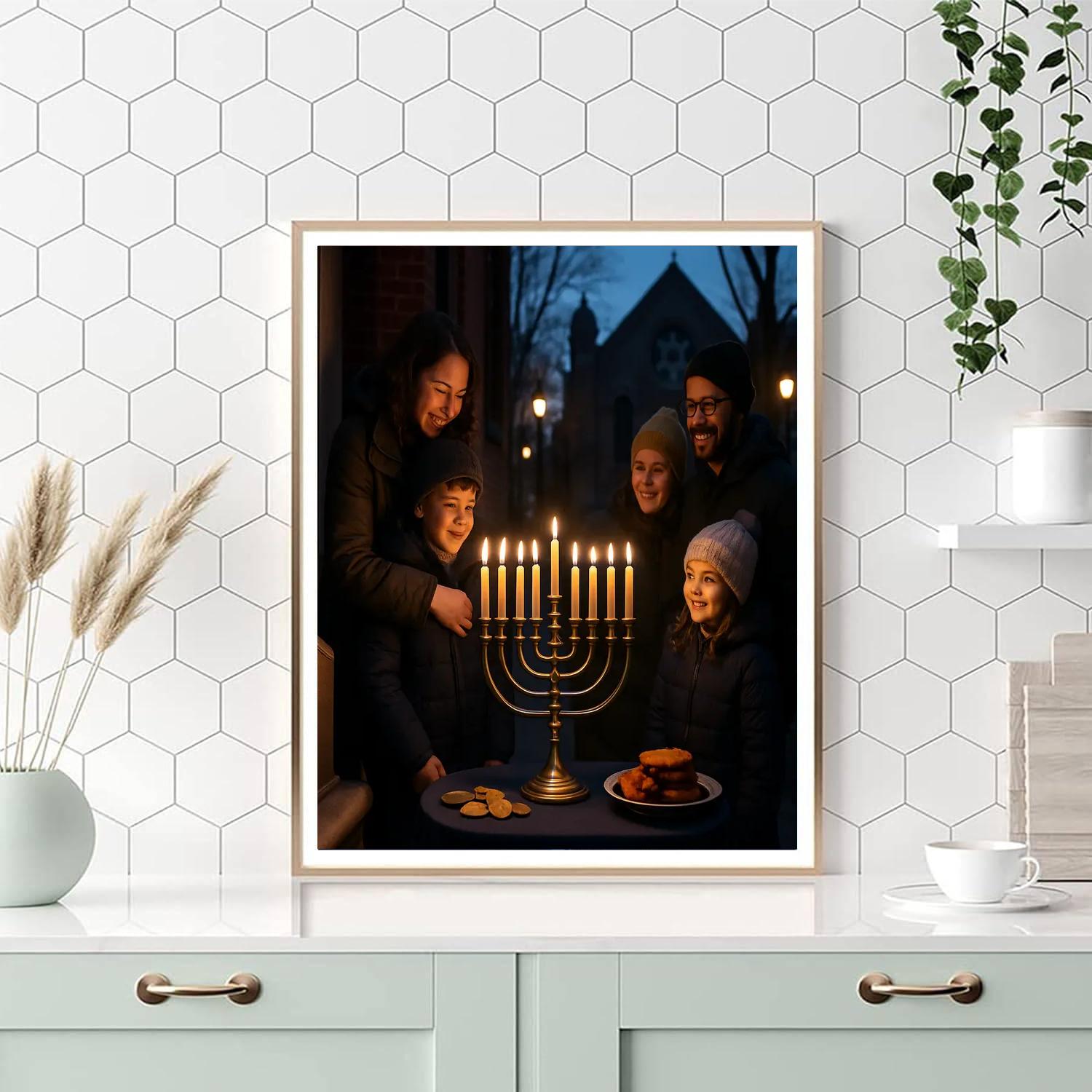 Hanukkah Menorah Lighting On Street Numbered painting kits