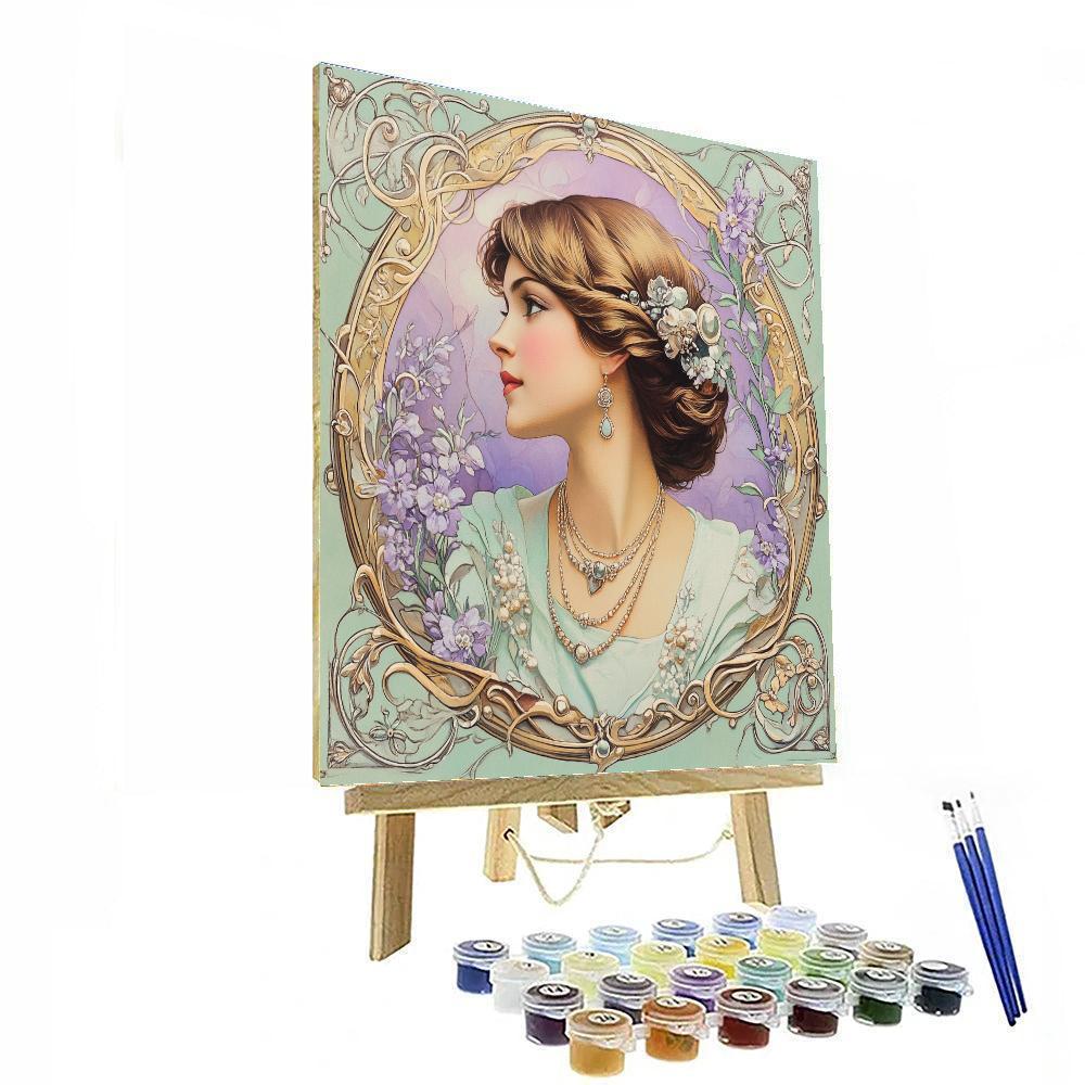 Alphonse Mucha Inspired Floral Jewelry Advertisement paint by numbers