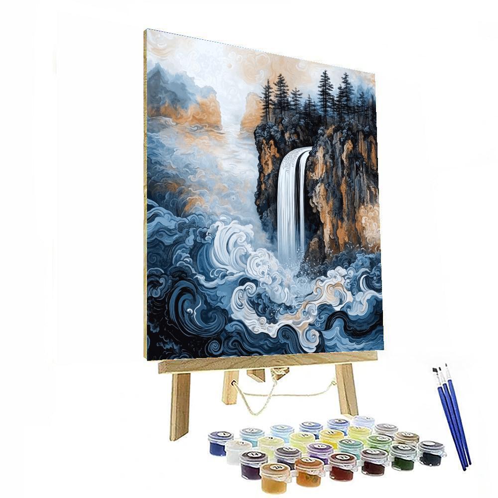 Hokusai Inspired Mountain Waterfall DIY paint by numbers