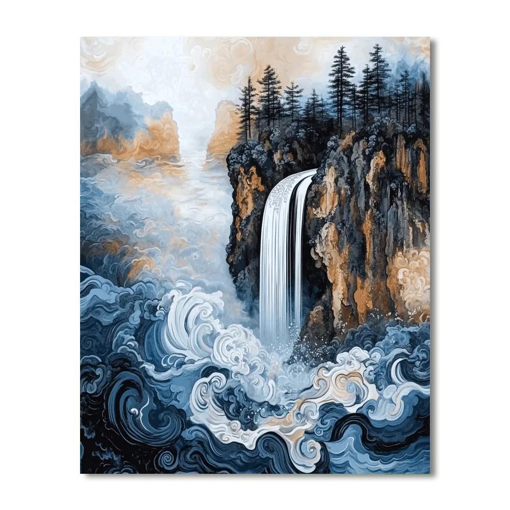 Hokusai Inspired Mountain Waterfall DIY paint by numbers