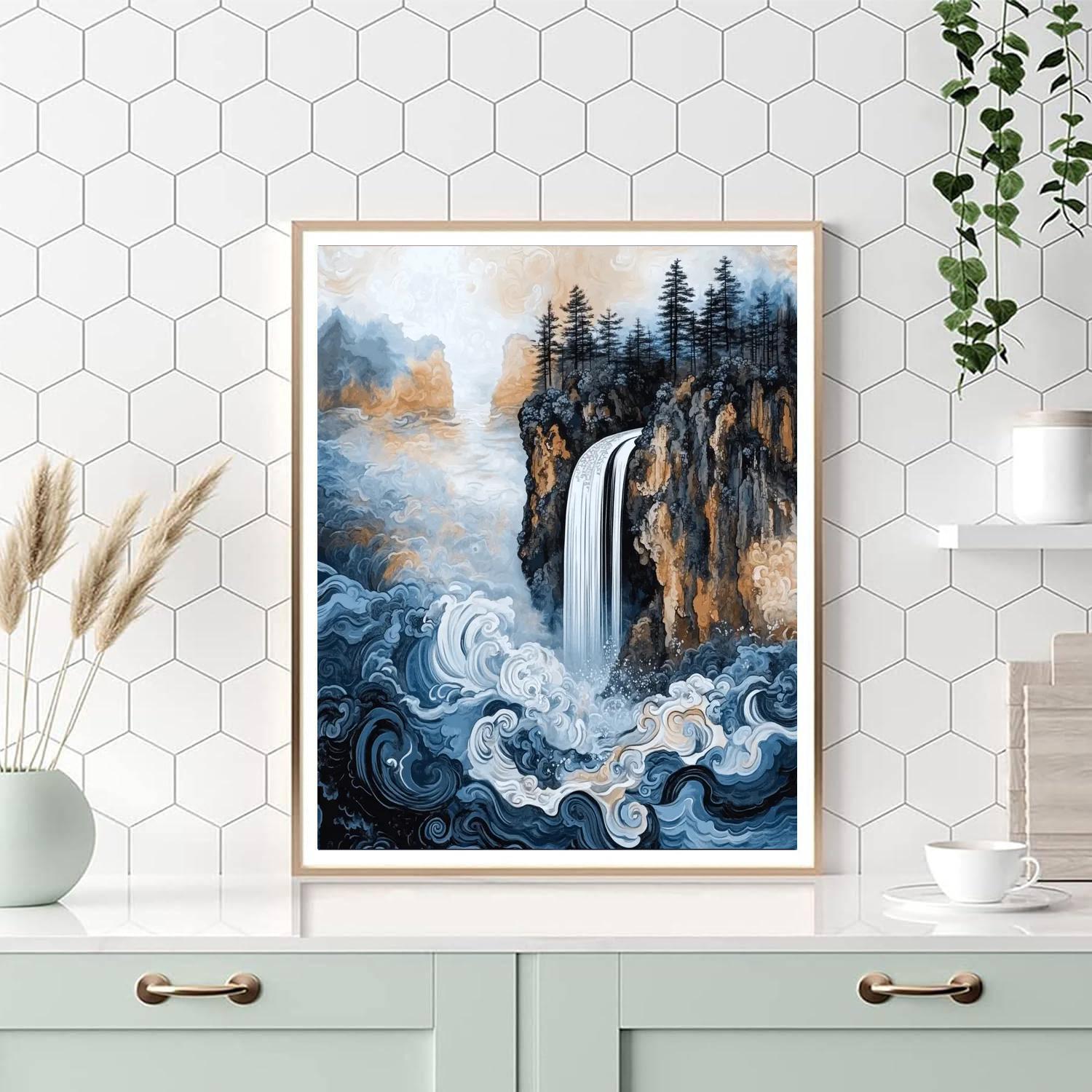 Hokusai Inspired Mountain Waterfall DIY paint by numbers