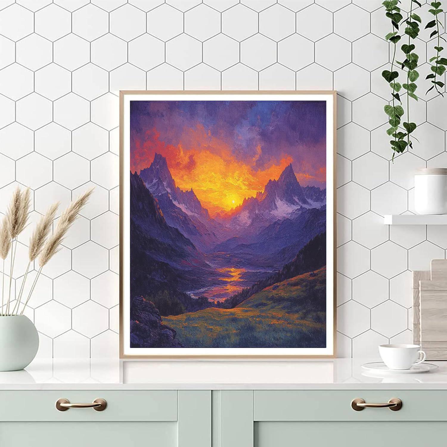 J.M.W Turner Inspired Sunset Over Mountains Number painting