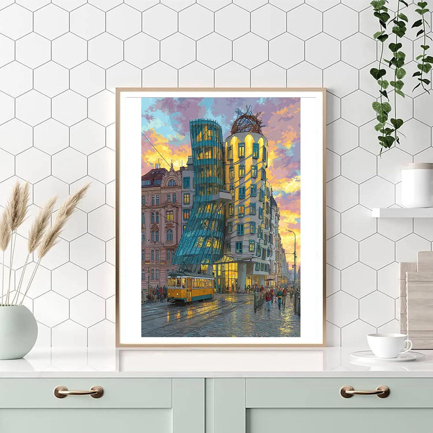 Mirrored Facade Of The Dancing House Prague Czech Republic Numbered painting kits