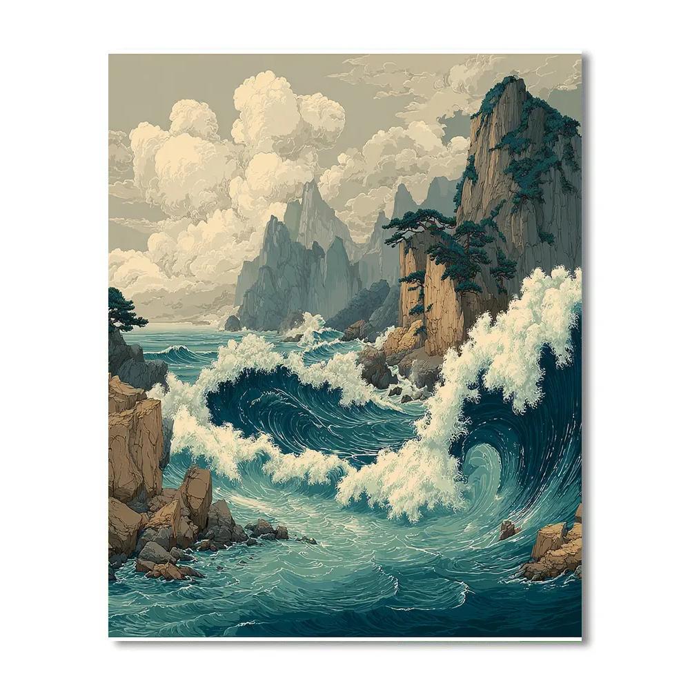 Hokusai Inspired Mountain Waves paint by number