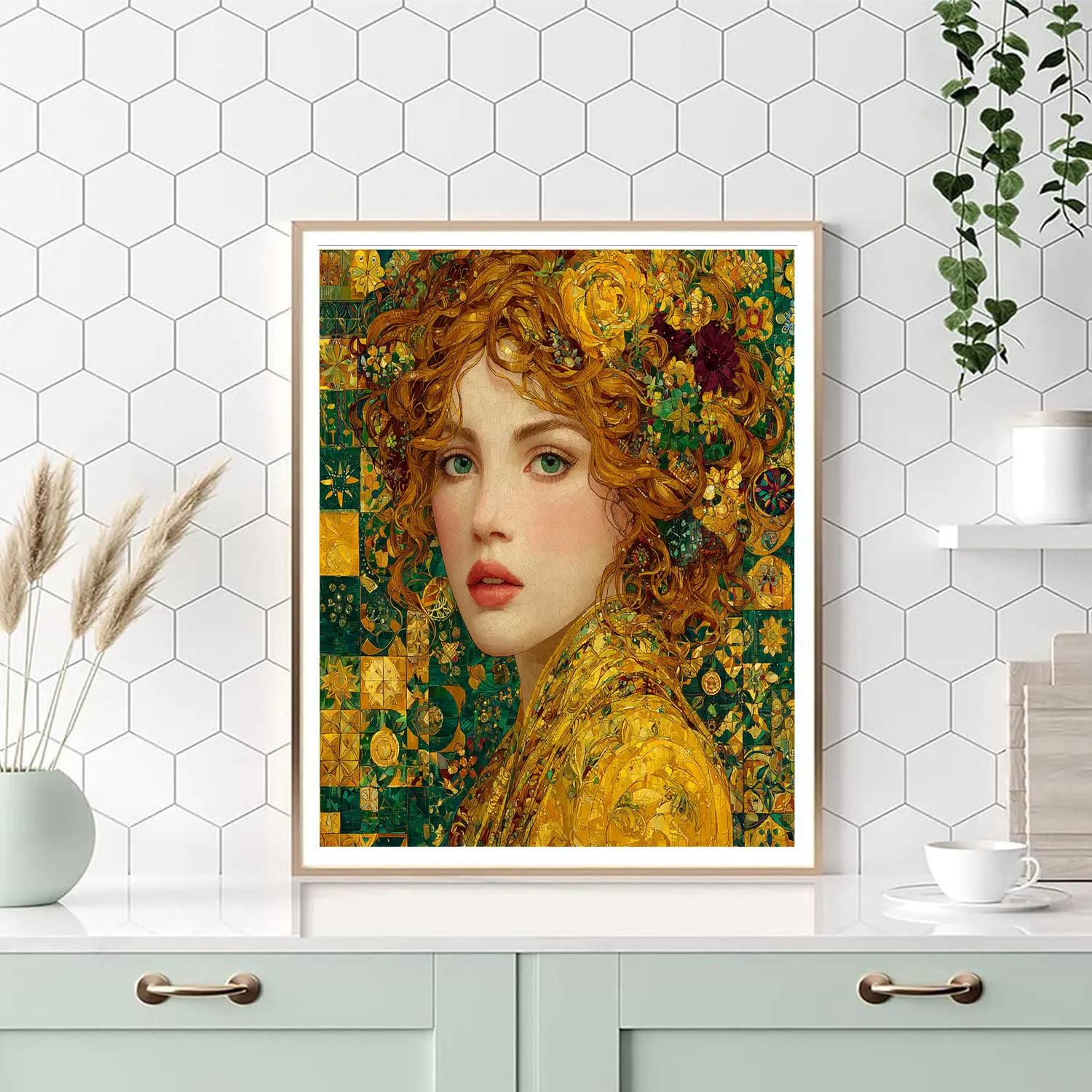 Gustav Klimt Inspired Golden Floral Portrait paint by color