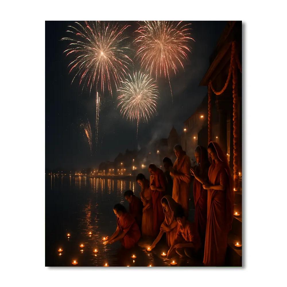 Diwali Fireworks Over Ganges Riverside Paint by numbers kits