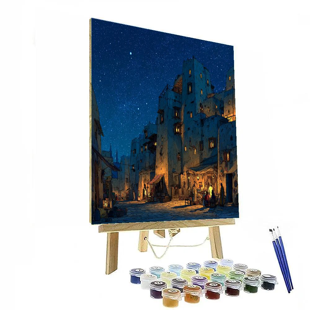 Nighttime Illuminated Djenne Marketplace Bamako Mali painting number kit