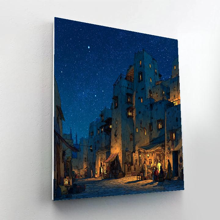 Nighttime Illuminated Djenne Marketplace Bamako Mali painting number kit