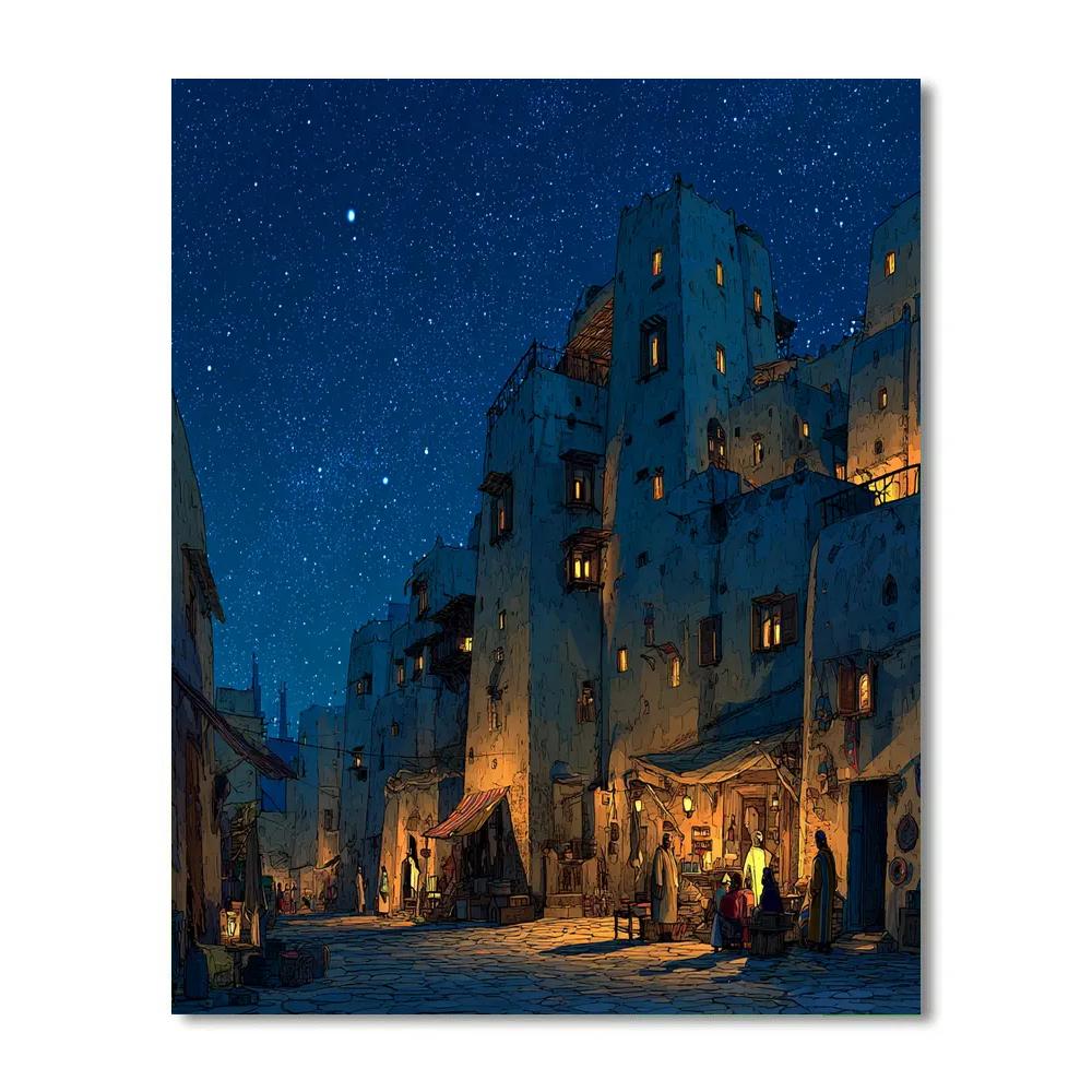Nighttime Illuminated Djenne Marketplace Bamako Mali painting number kit