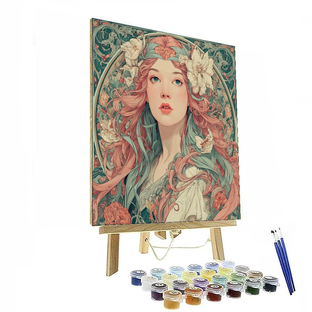 Alphonse Mucha Inspired Floral Hairstyle DIY paint by numbers