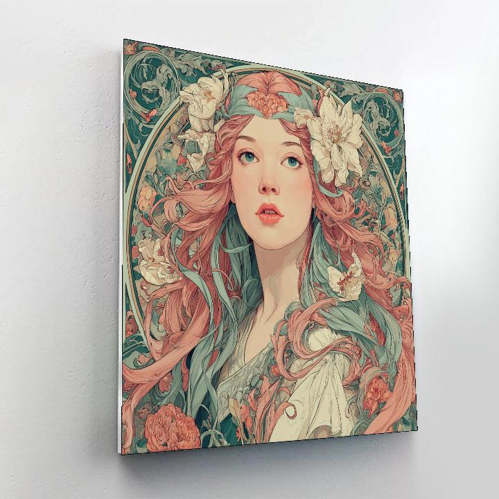 Alphonse Mucha Inspired Floral Hairstyle DIY paint by numbers