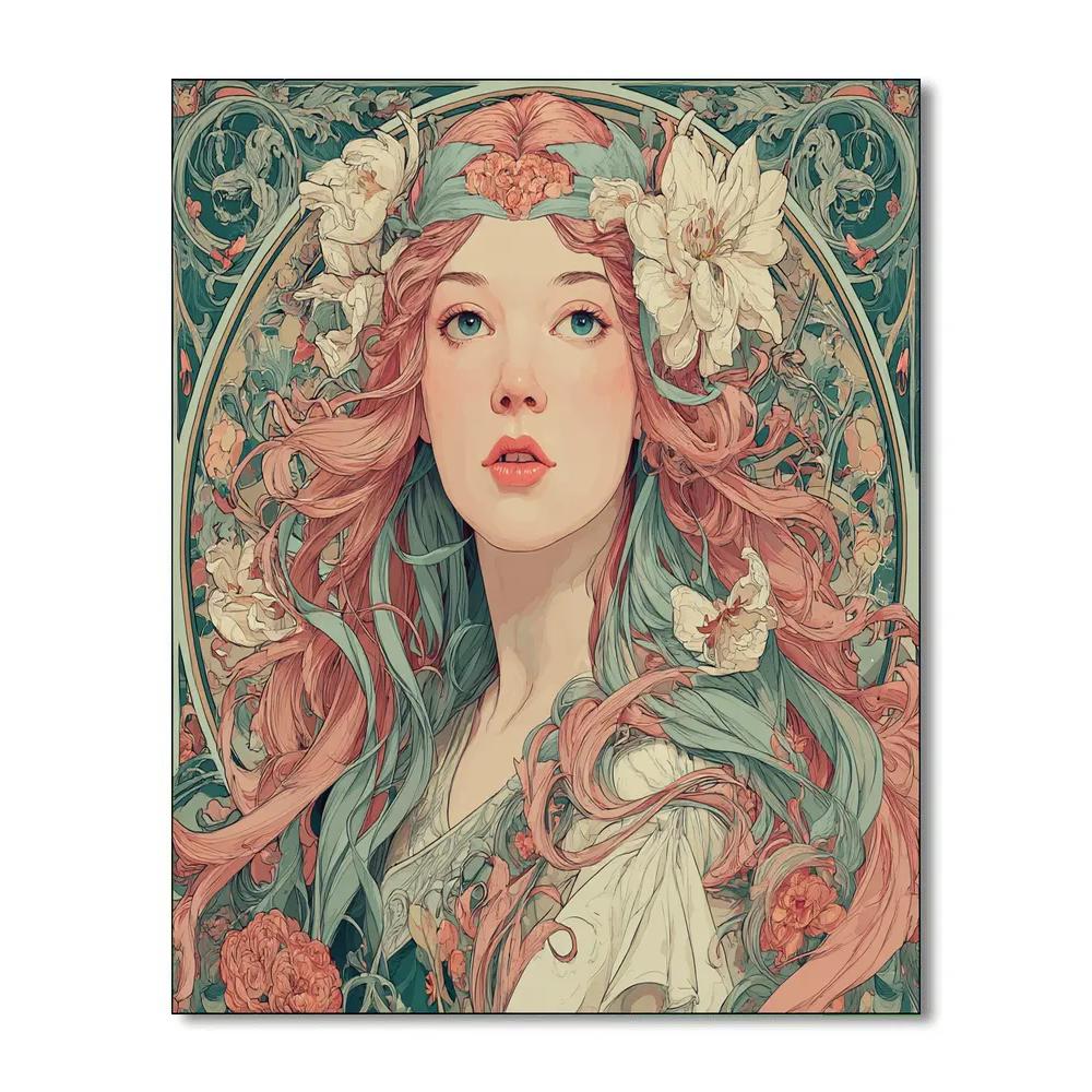 Alphonse Mucha Inspired Floral Hairstyle DIY paint by numbers