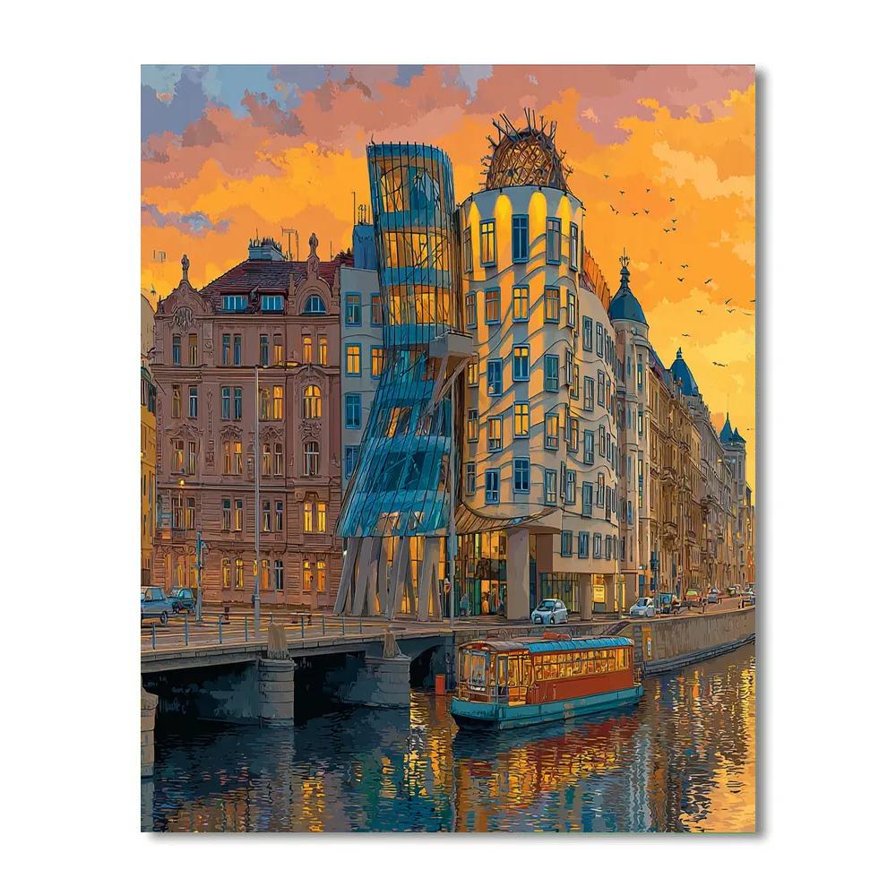 Dancing House Reflection Prague Czech Republic paint by numbers