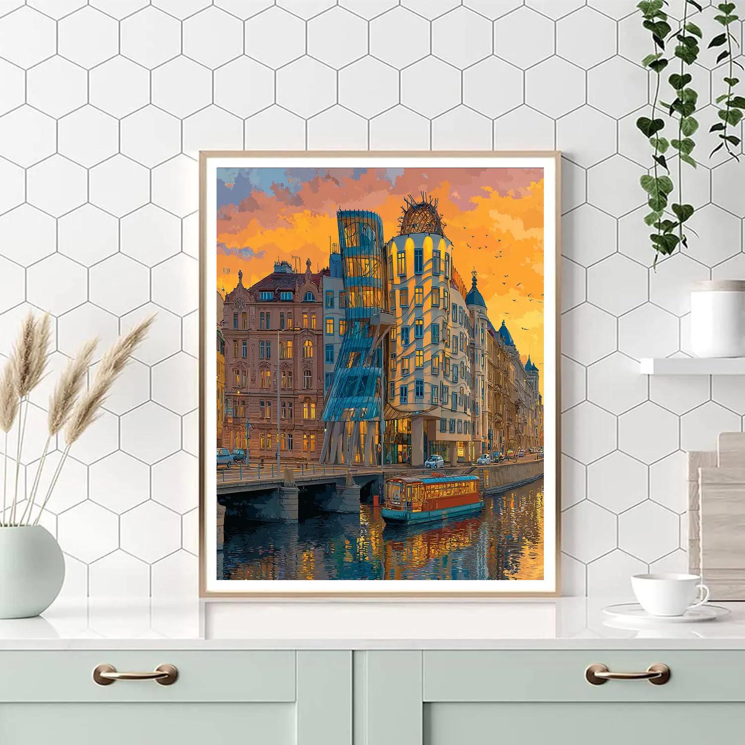 Dancing House Reflection Prague Czech Republic paint by numbers
