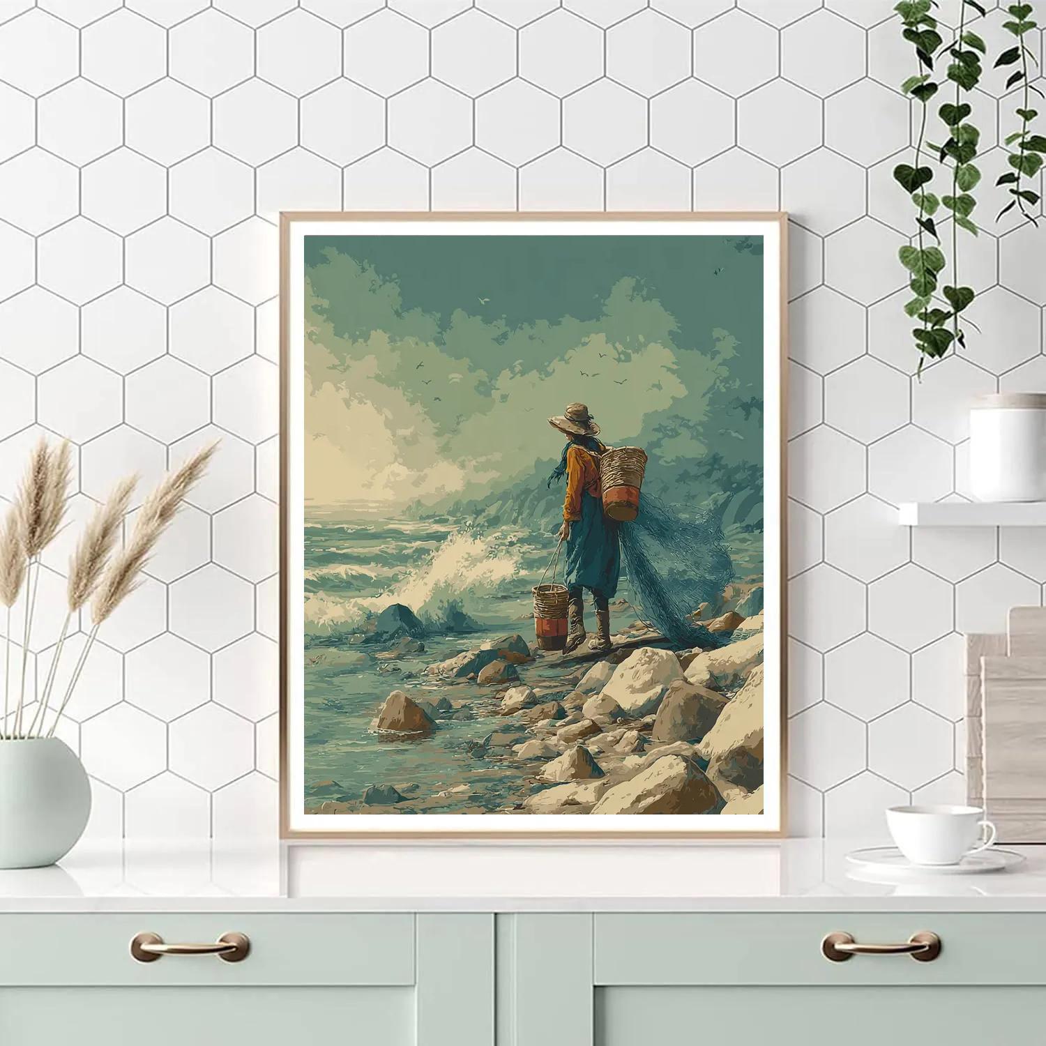 Winslow Homer Inspired Coastal Fisherwoman paint by color