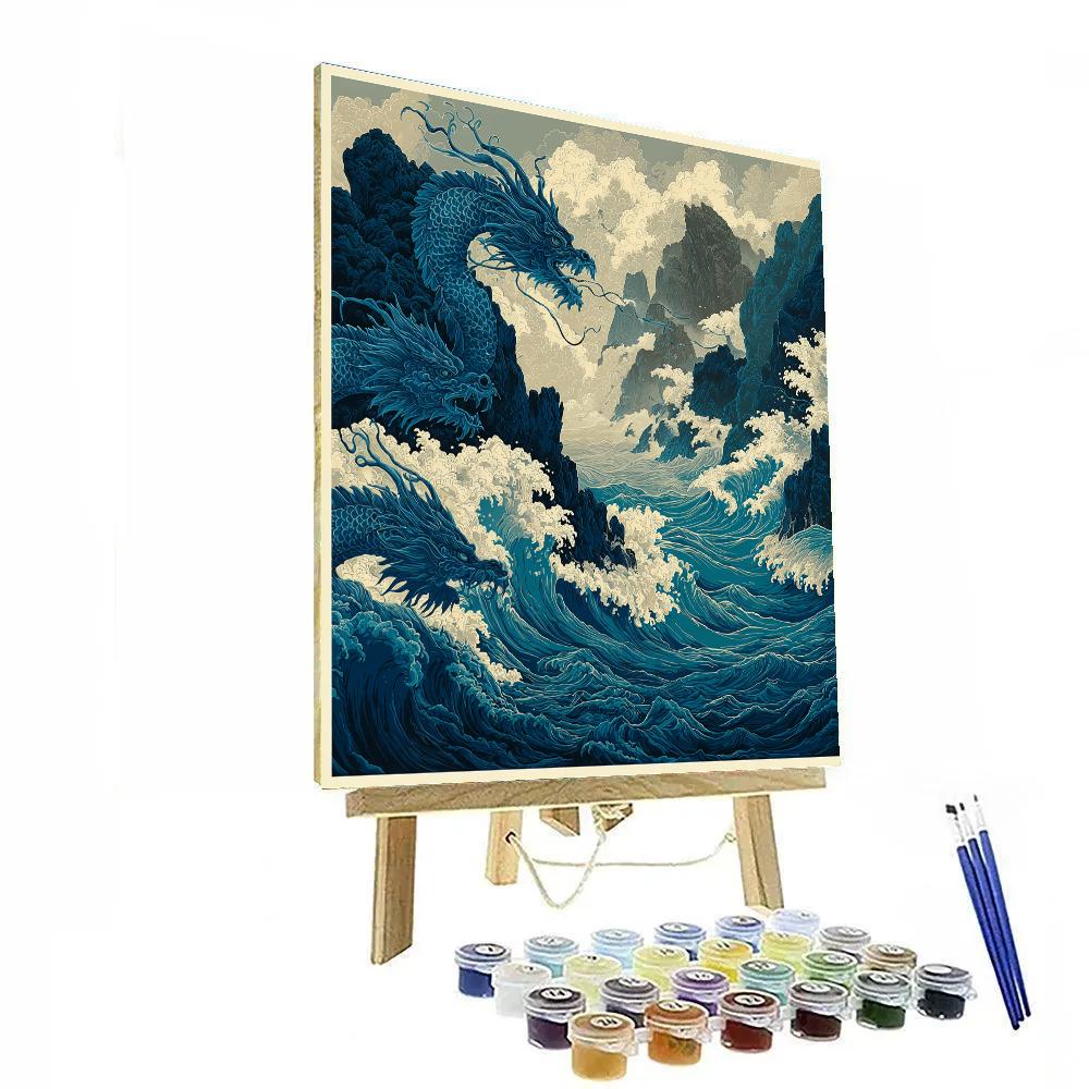 Hokusai Inspired Stormy Sea With Dragons Number painting
