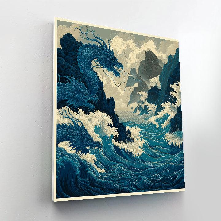Hokusai Inspired Stormy Sea With Dragons Number painting