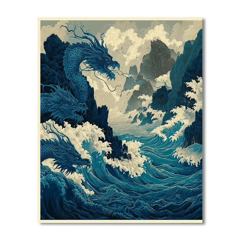Hokusai Inspired Stormy Sea With Dragons Number painting