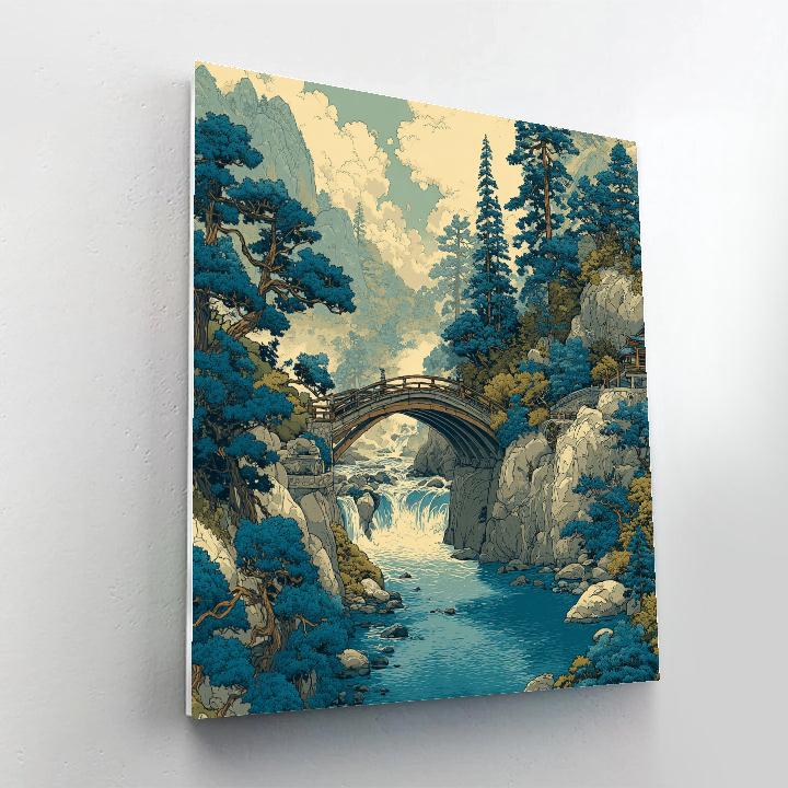 Hokusai Inspired Misty Mountain Bridge Paint by numbers art
