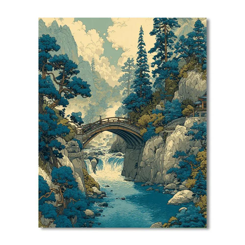 Hokusai Inspired Misty Mountain Bridge Paint by numbers art
