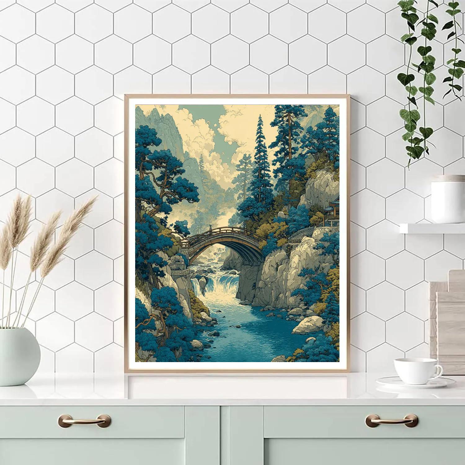 Hokusai Inspired Misty Mountain Bridge Paint by numbers art