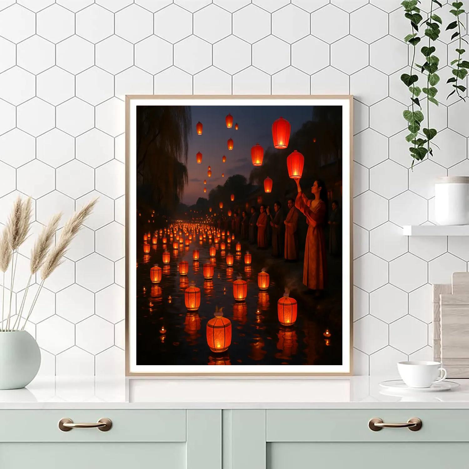 Chinese Lantern Festival River Scene paint by numbers