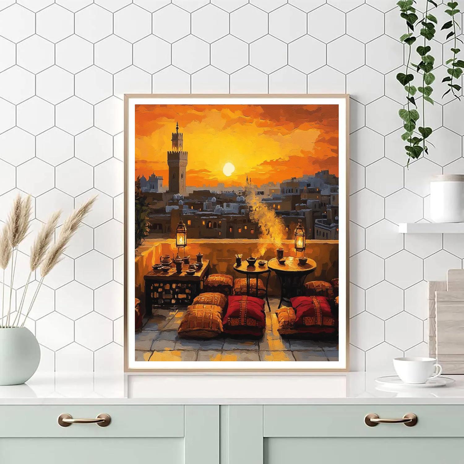 Rooftop Sunset Market Marrakech Morocco paint by color