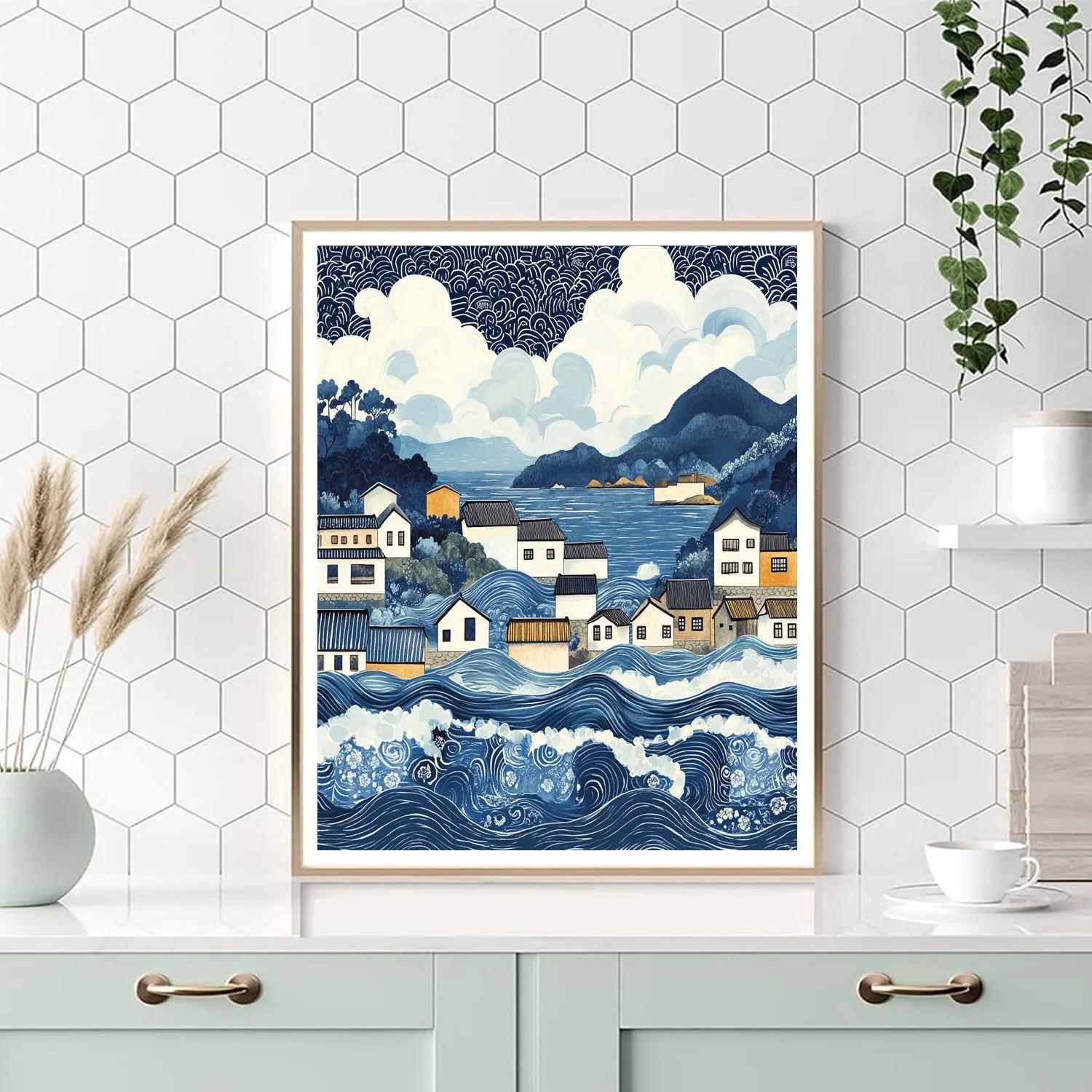 Hokusai Inspired Tidal Village paint by color