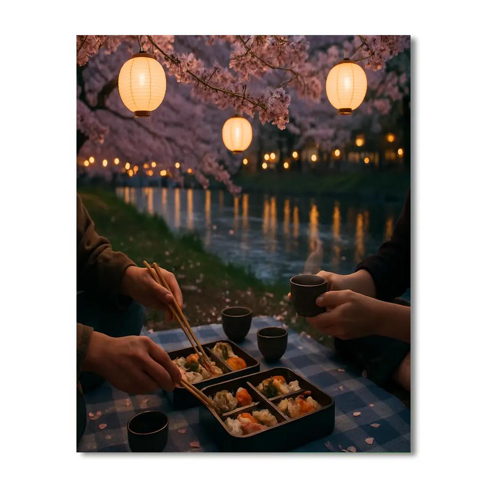 Hanami Evening Picnic Beneath Cherry Blossoms Number painting