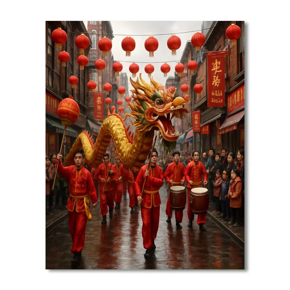 Lunar New Year Dragon Dance In A Bustling Chinatown Street DIY paint by numbers