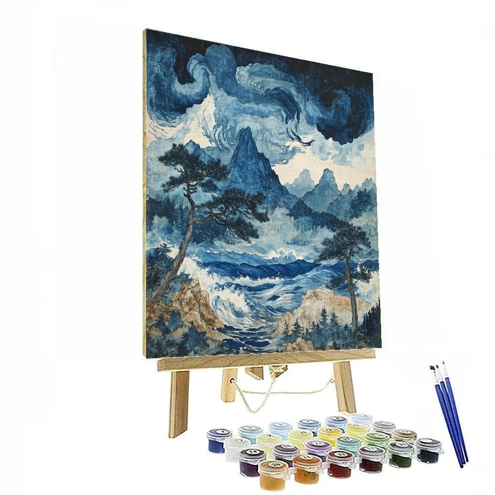 Hokusai Inspired Mountain Storm Landscape paint by number