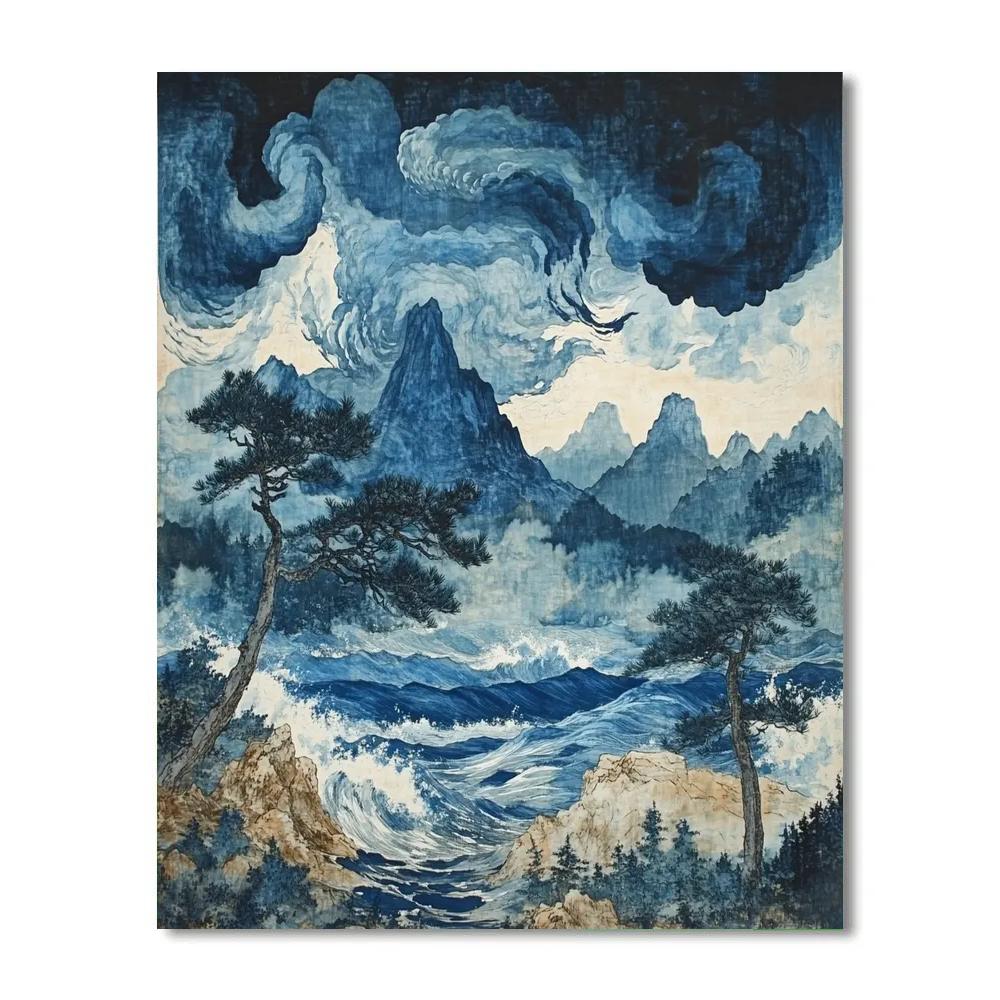 Hokusai Inspired Mountain Storm Landscape paint by number