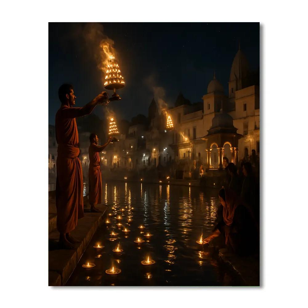 Pushkar Lake Devotional Night paint by color