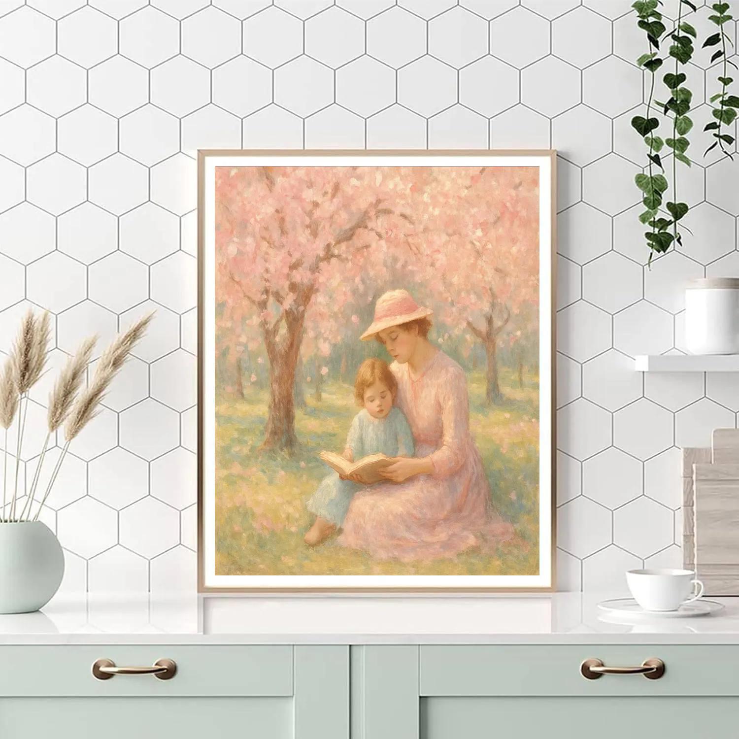 Mother And Child Under Cherry Blossoms painting number kit