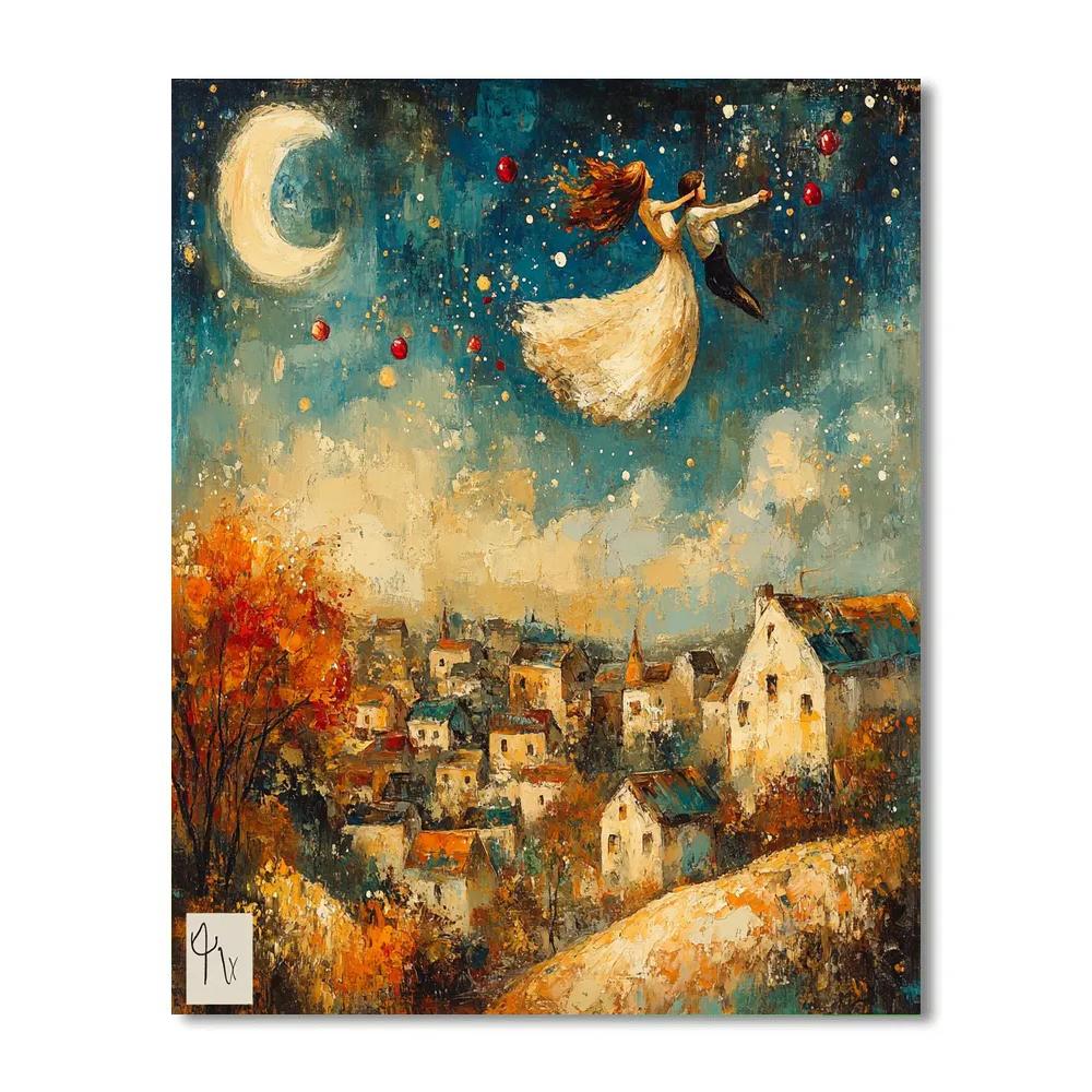 Chagall Inspired Lovers Over Village Numbered painting kits