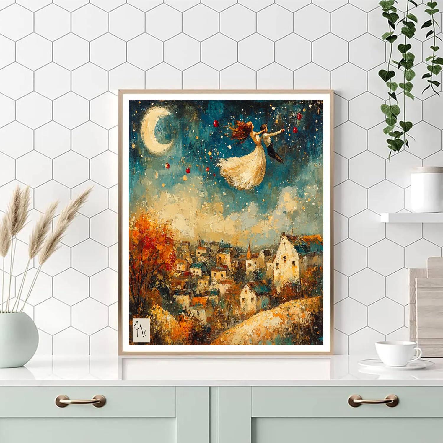 Chagall Inspired Lovers Over Village Numbered painting kits