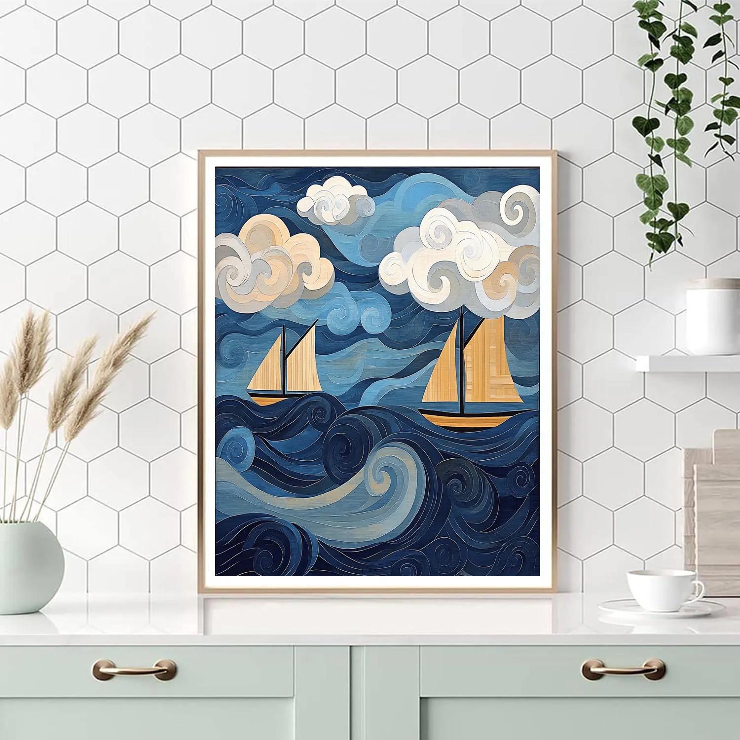 Hokusai Inspired Stormy Harbor Paint by numbers art
