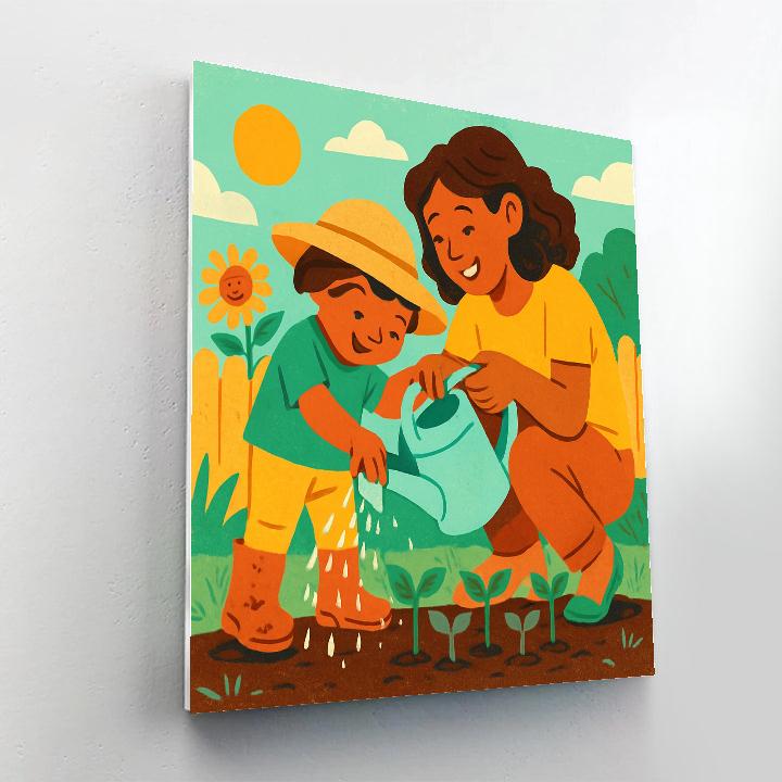 Little Gardener And Mom With Watering Can Paint by numbers art