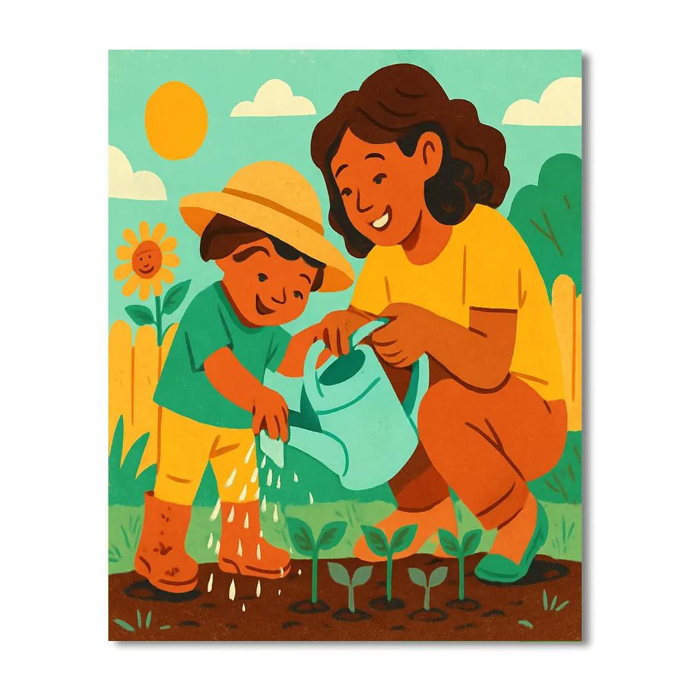 Little Gardener And Mom With Watering Can Paint by numbers art
